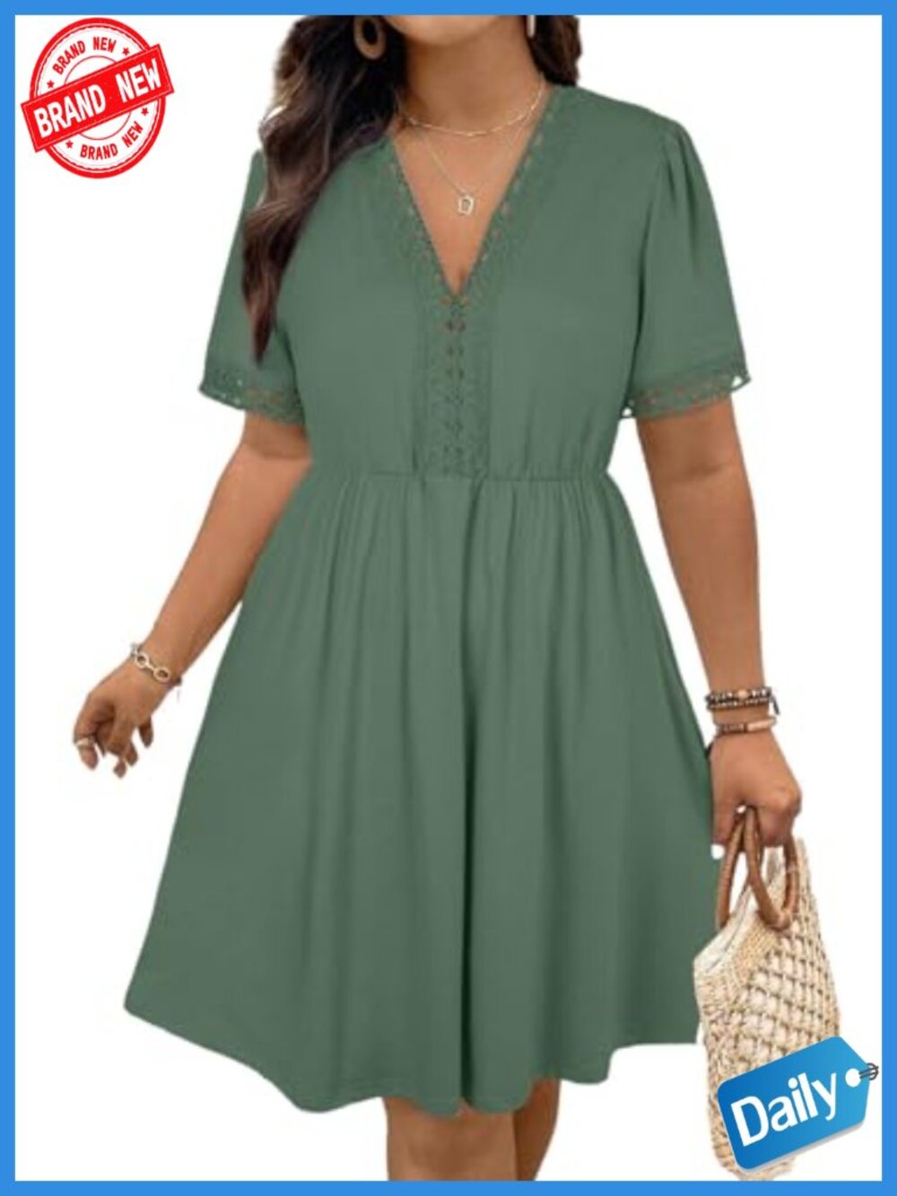 Plus Size Lace V Neck Mini Dress Short Sleeve A Line Flowy Summer Maternity